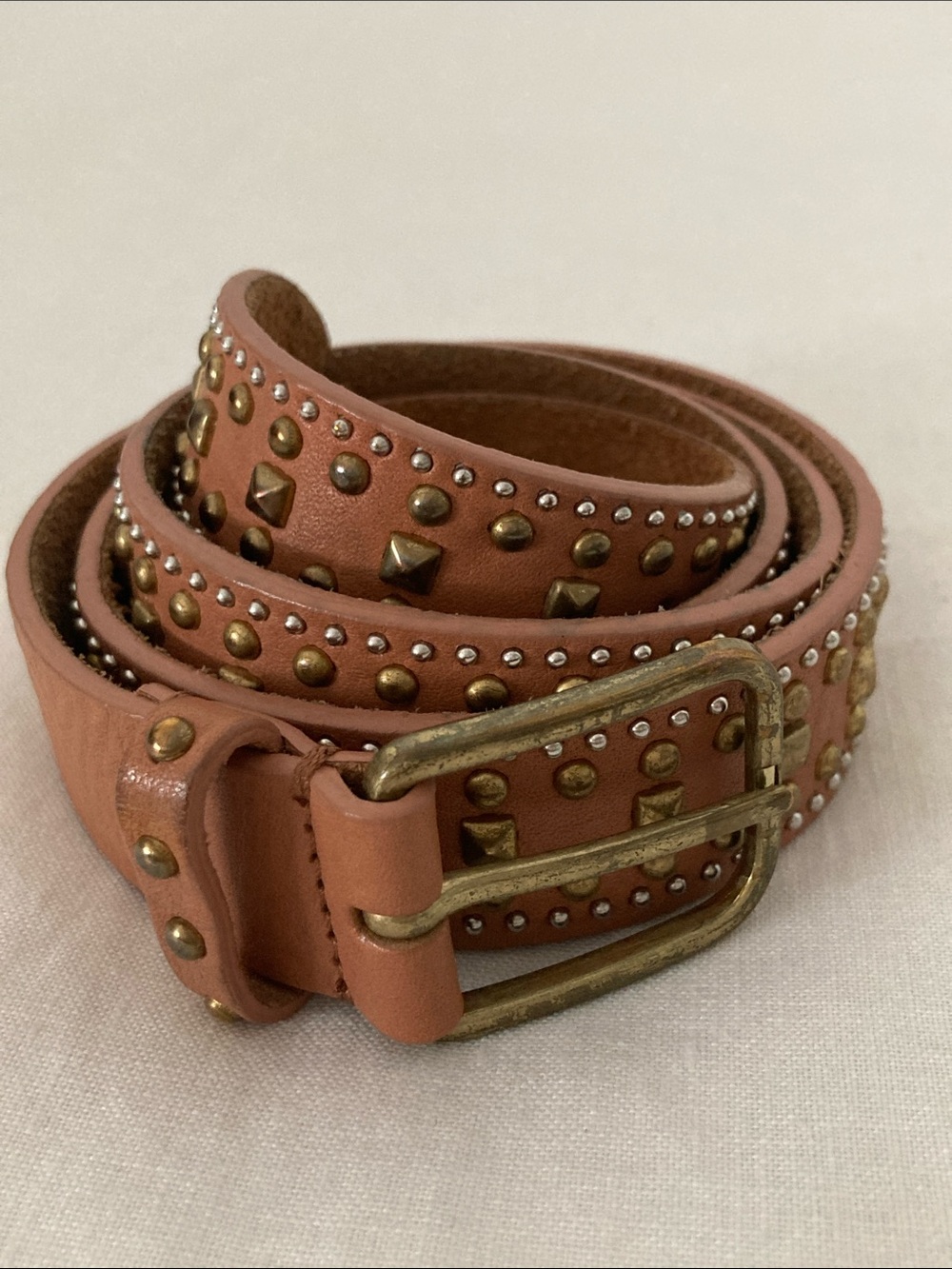 J.Crew Studded Tan caramel Leather Belt Brass Buckle M - Picture 1 of 16
